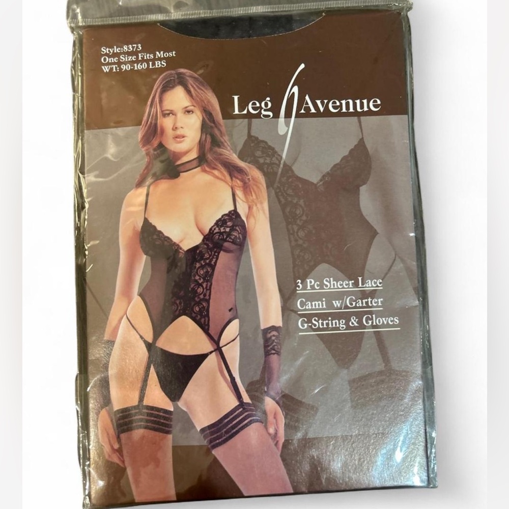 Leg Avenue 3 Pc Sheer Lace Cami W/ Garter G -String Gloves OS 90-160 Lbs